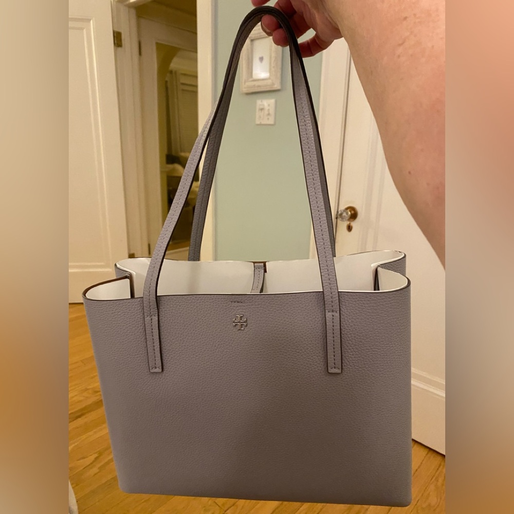 Tory Burch grey pebble leather tote bag- next. Clasp closure. Middle zipped area